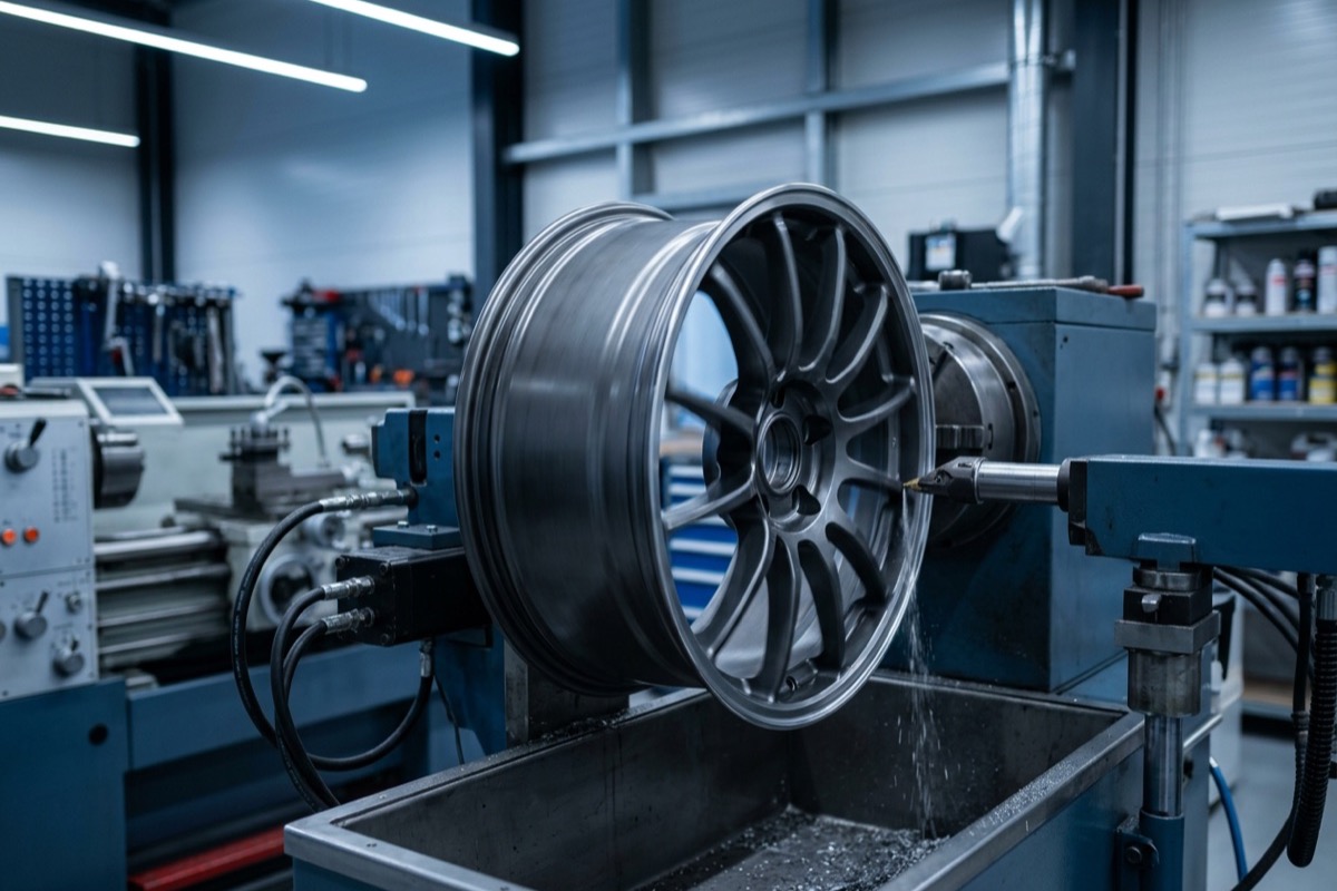 Gunmetal alloy wheel mounted on a refinishing lathe in the wheel repair workshop