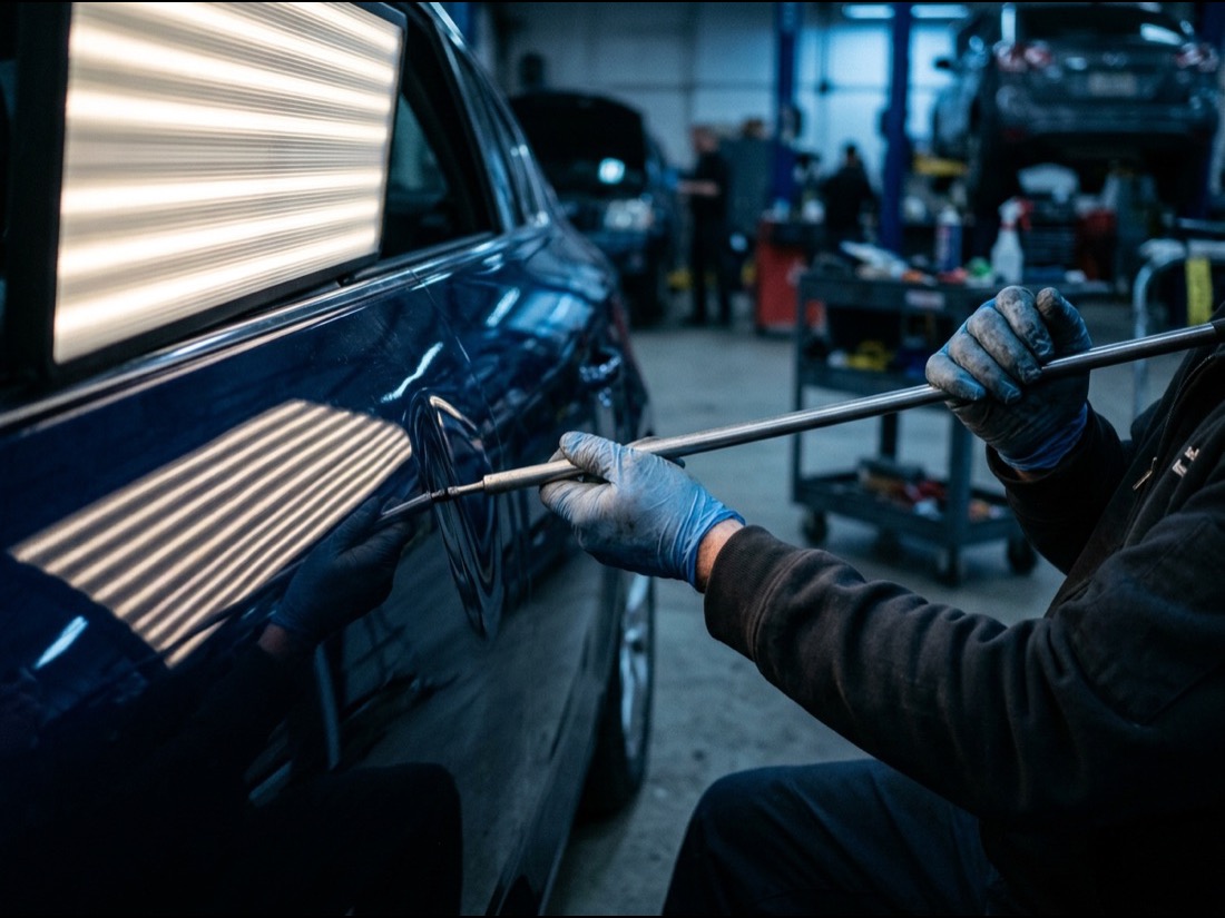 Paintless dent repair rod working a door panel from behind