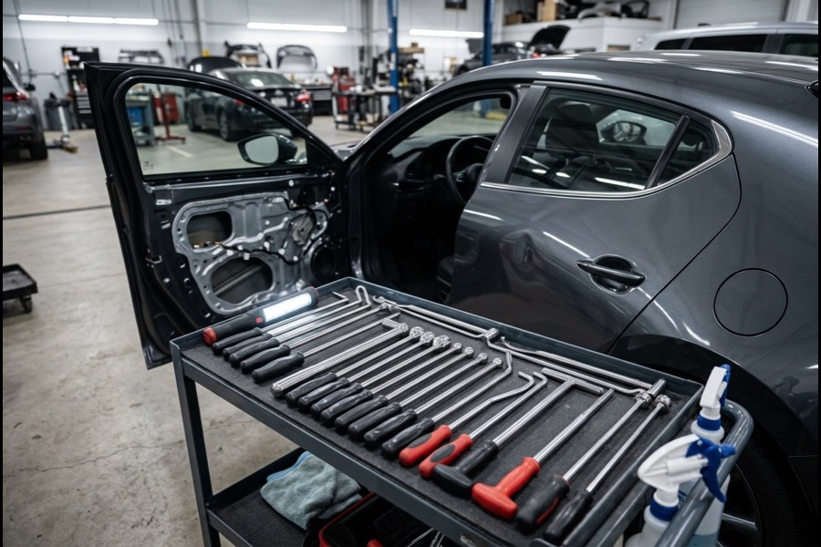 Set of paintless dent repair steel rods laid out beside a car with the door panel opened for access