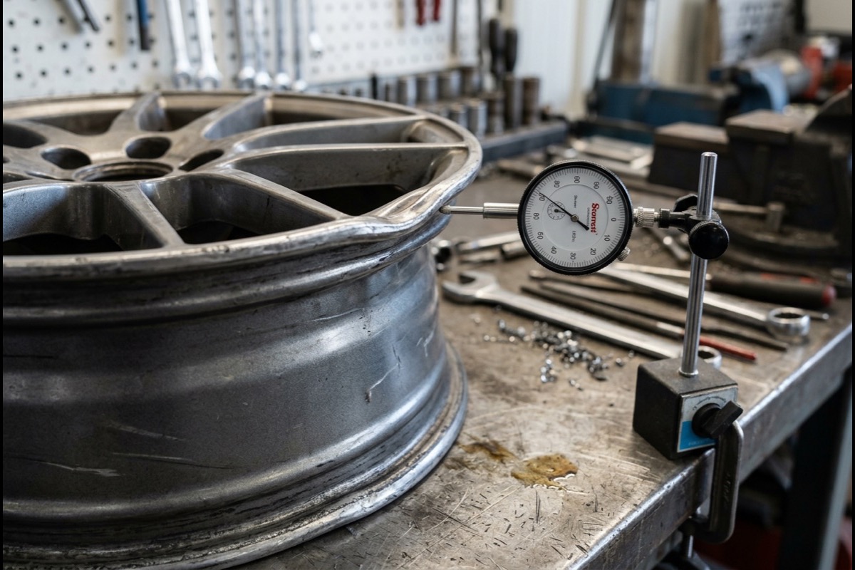 Alloy wheel measured with a dial gauge on the bench