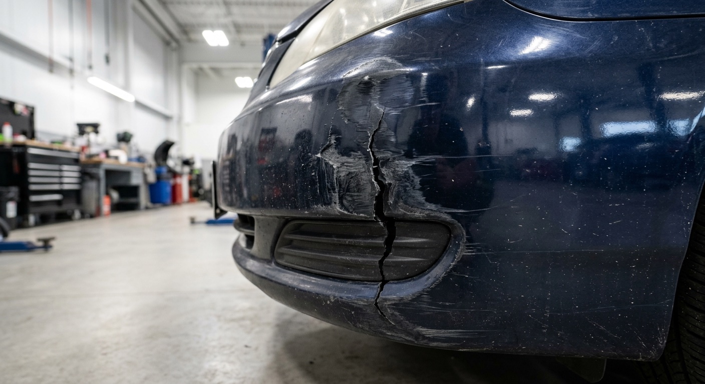 Scuffed bumper corner on a navy sedan