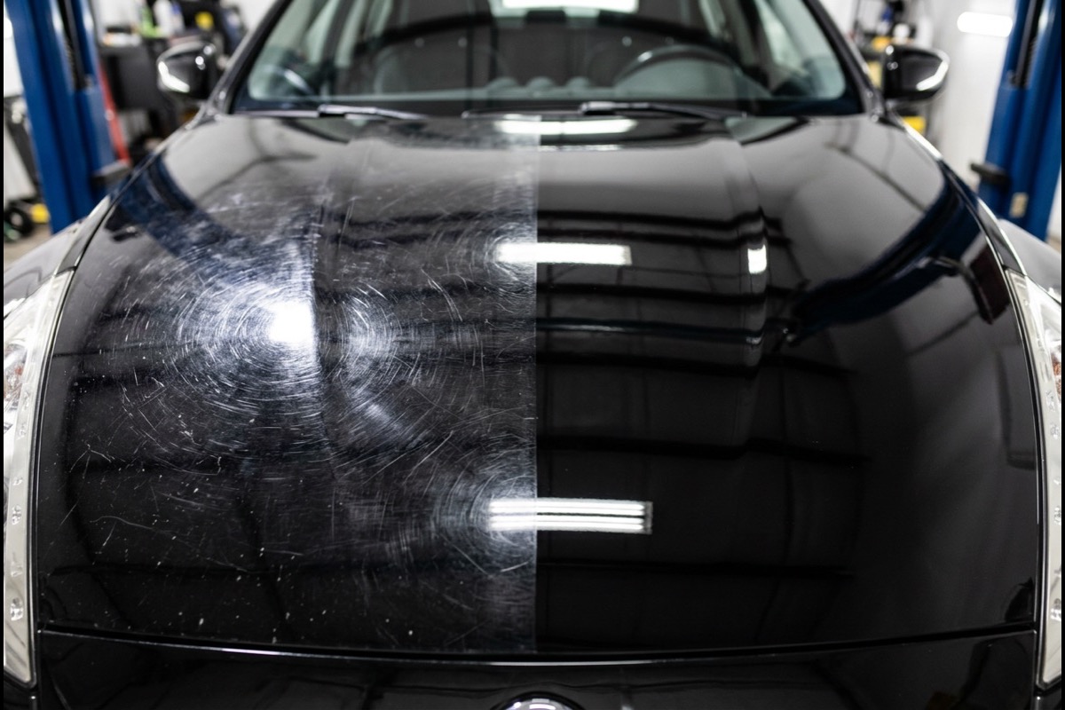 Car hood half covered in swirl marks, half corrected to mirror gloss