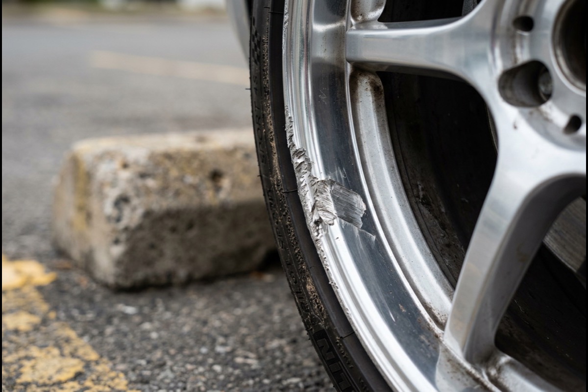 Curb rash on an alloy wheel lip