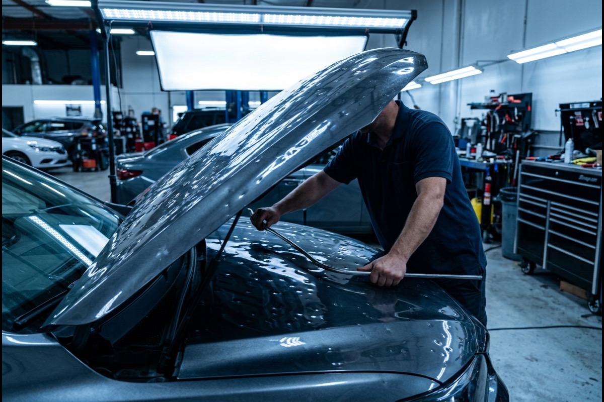 Technician removing hail dents from a car hood under LED lights