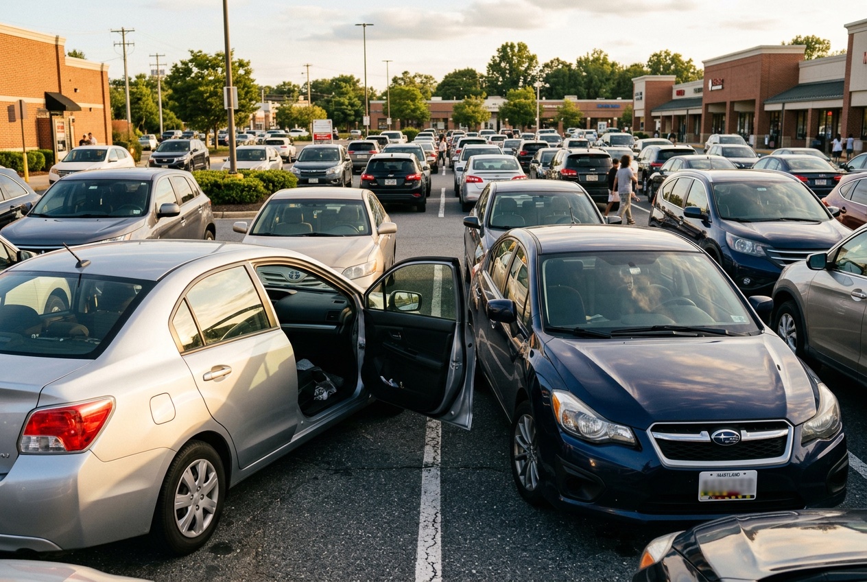 Packed commuter parking lot with tight spaces