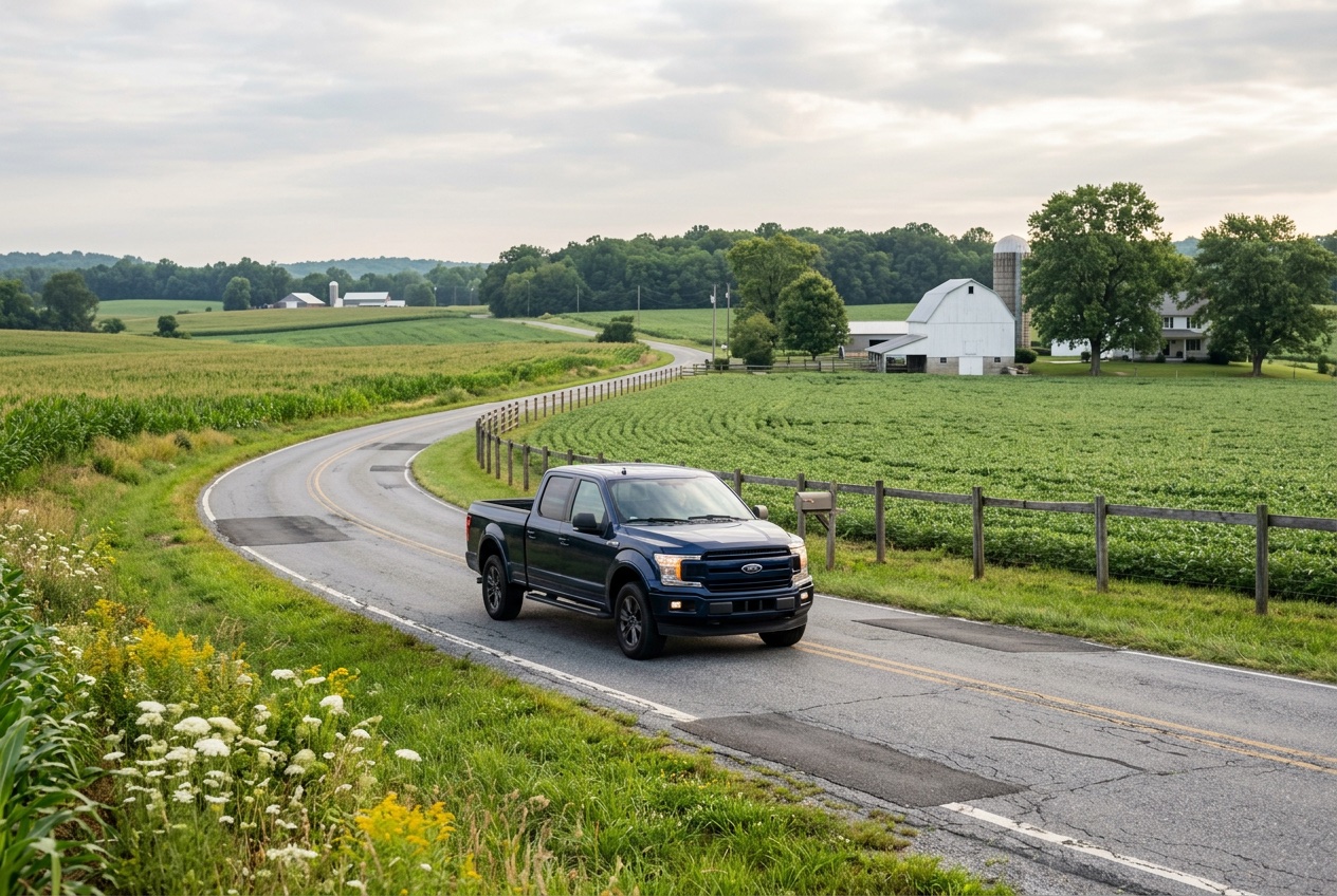 Rural highway running between fields toward a treeline