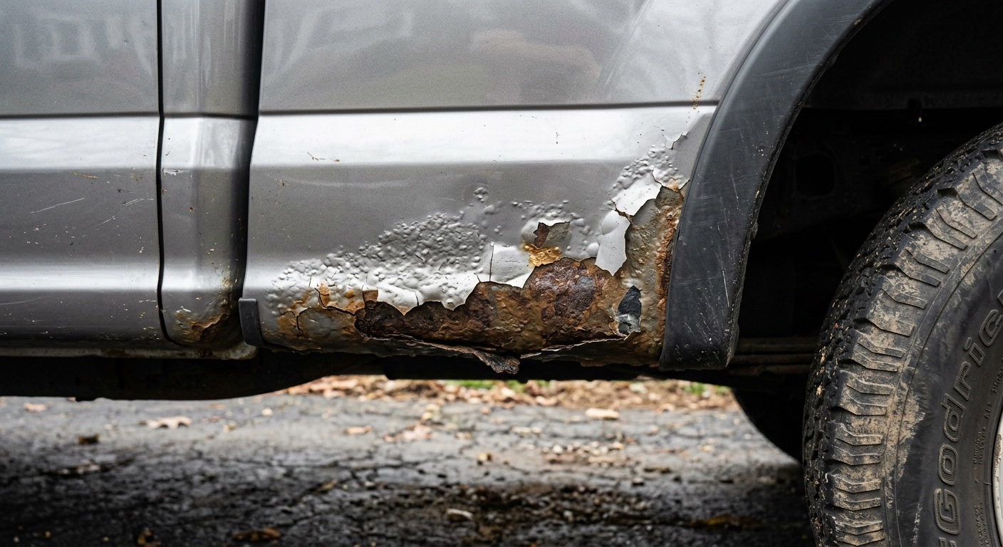 Rust bubbling through paint on a truck wheel arch