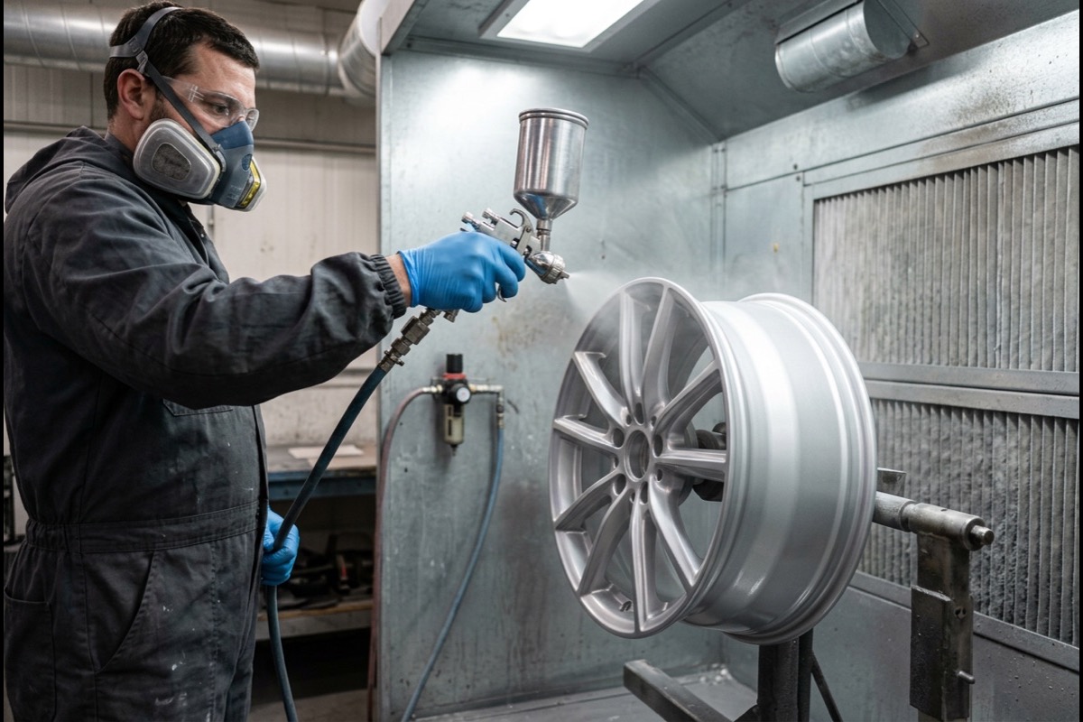 Alloy wheel being refinished in the booth