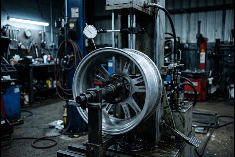 Alloy wheel on a hydraulic straightening machine with dial indicator