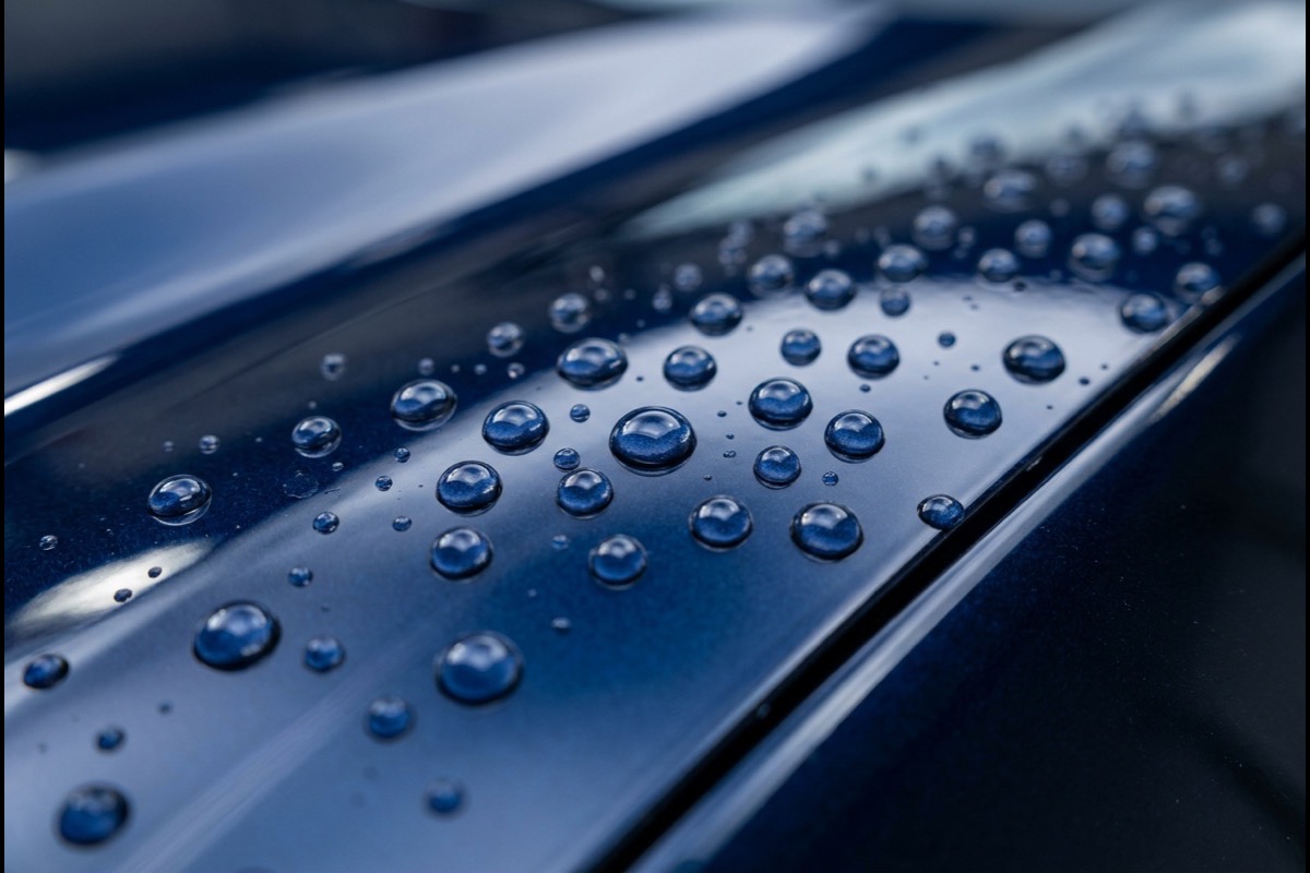 Water beading on ceramic coated deep navy paint