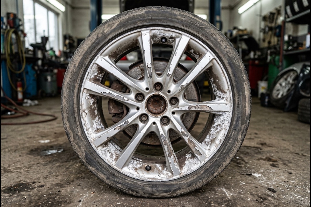 Corroded alloy wheel with peeling clear coat